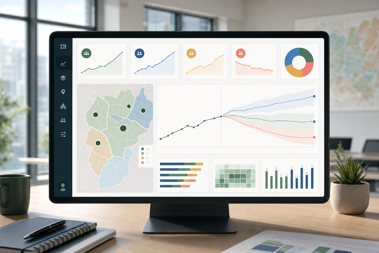 A clean enrollment forecast dashboard with charts and map-like planning panels